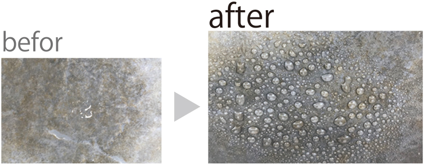 目に見えない素材の凹凸を埋める事によって<br />撥水効果がアップ